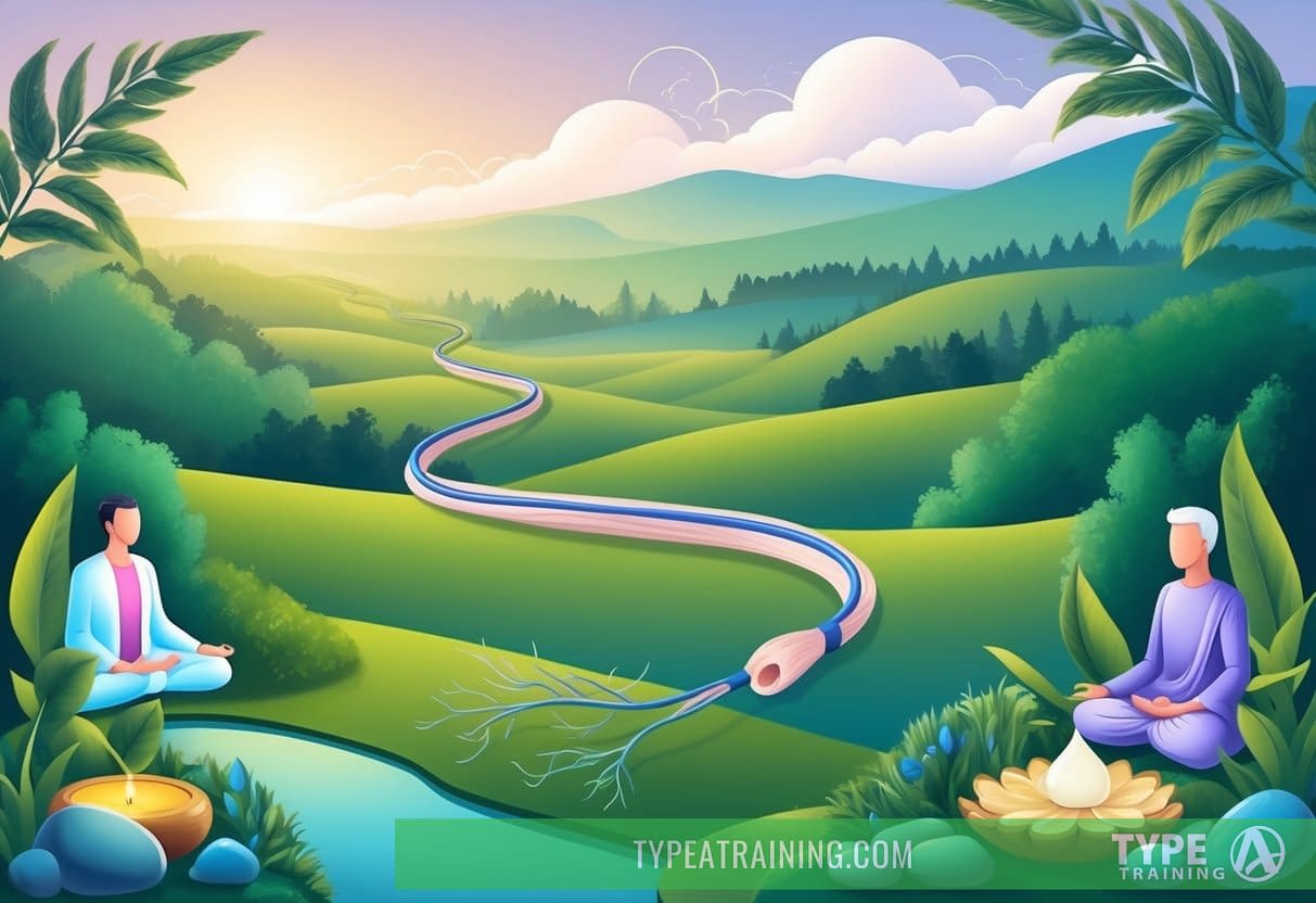 A serene landscape with a prominent vagus nerve winding through it, surrounded by calming elements such as nature, meditation, and relaxation techniques