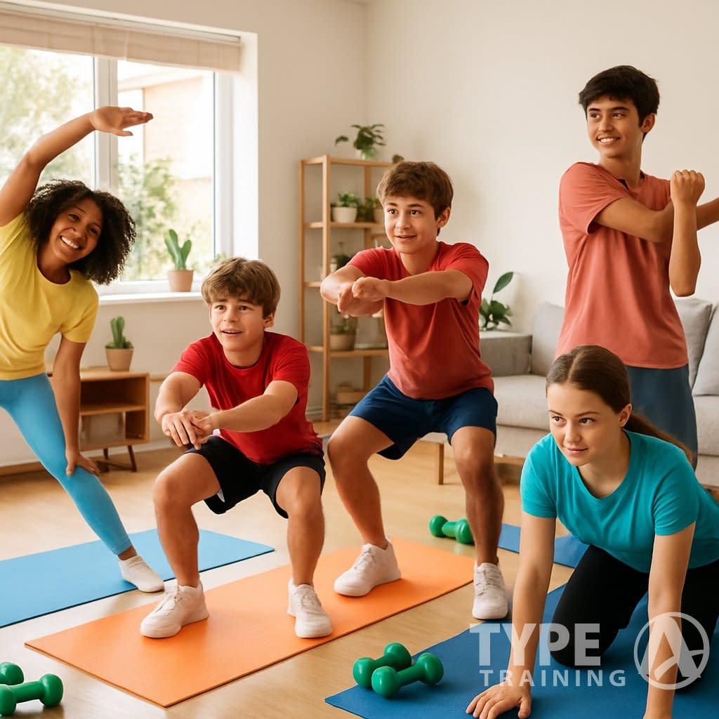 Teenagers exercising together in a bright living room using yoga mats and dumbbells.