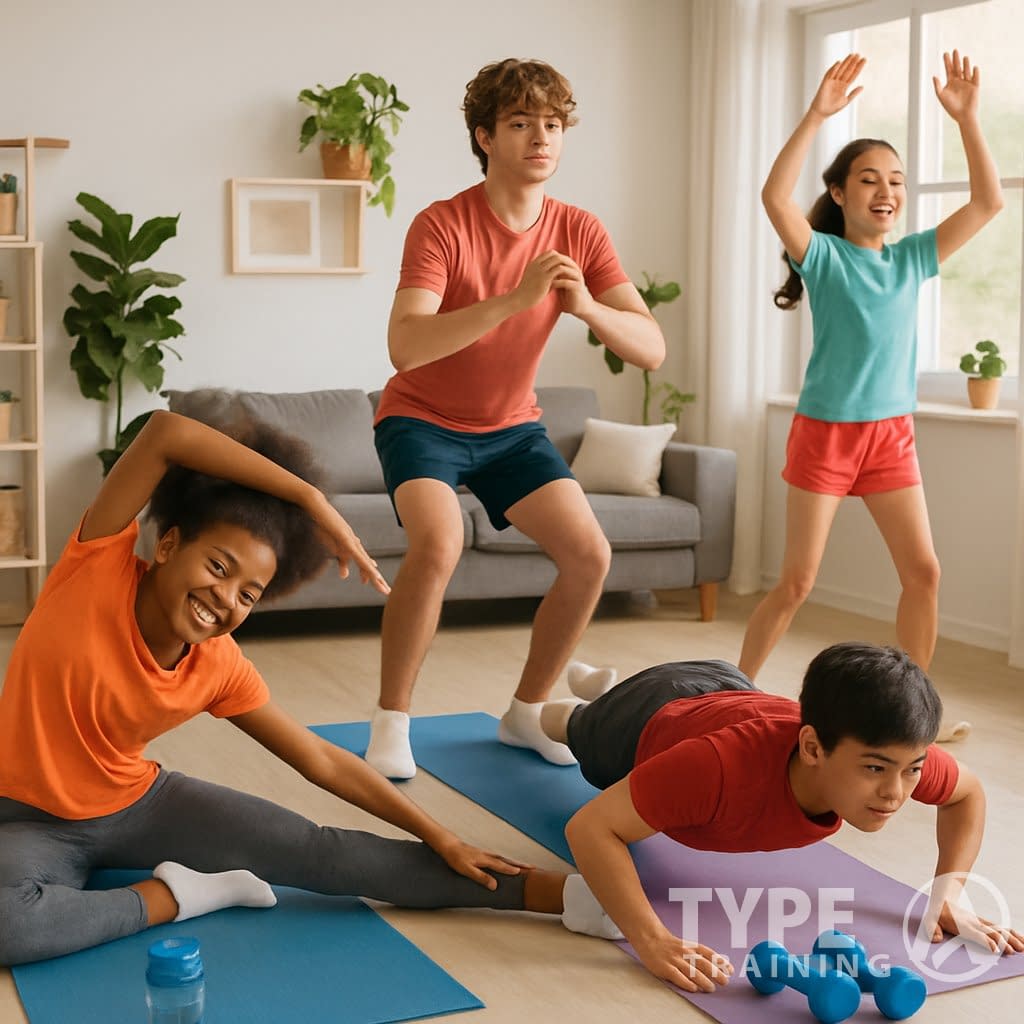 A group of teenagers exercising together in a bright living room, performing stretches and bodyweight workouts.