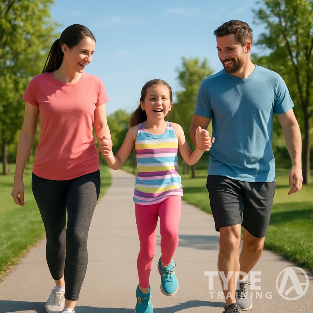 Parents holding their young daughter's hands as she skips happily between them outdoors in a park.