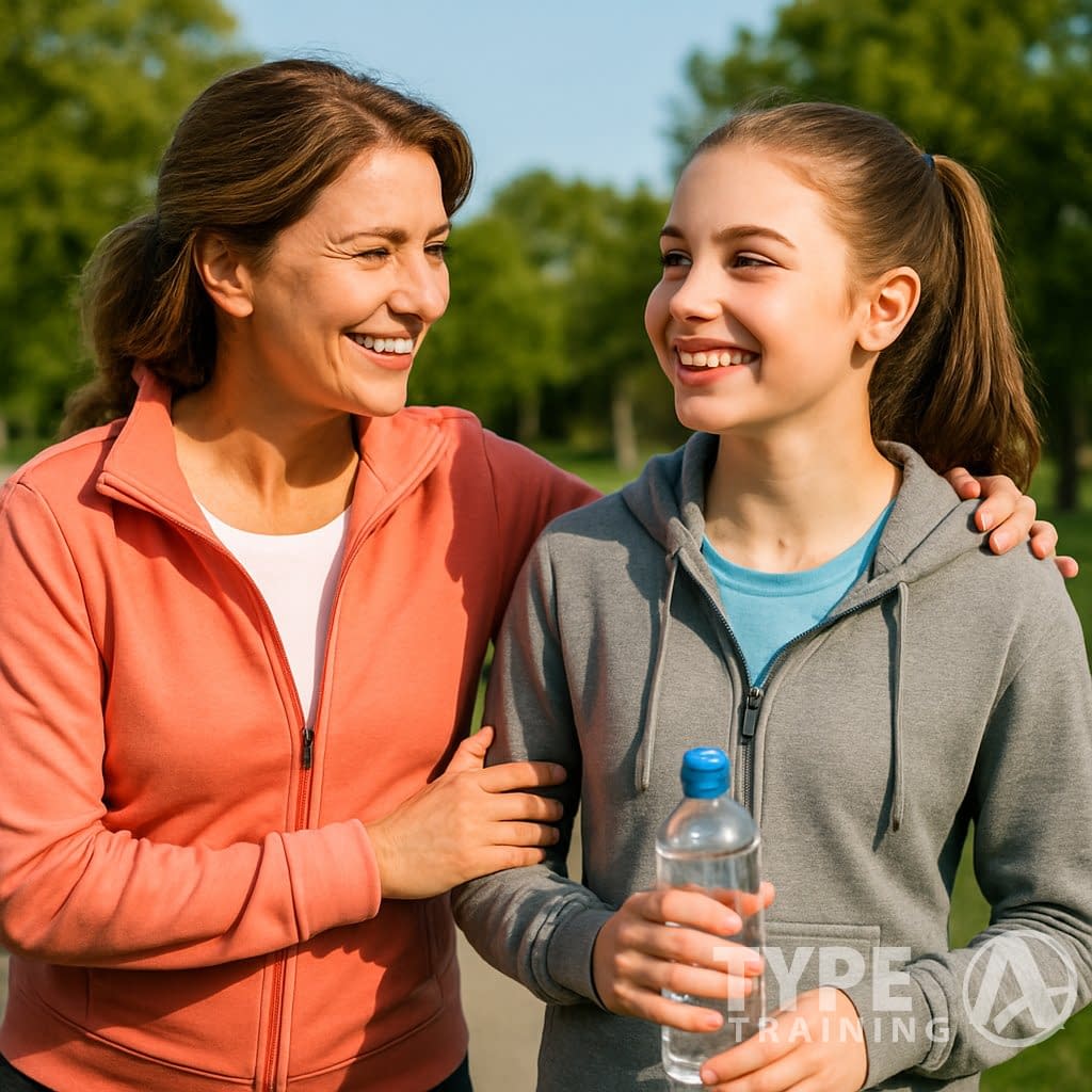 A mother and her teenage daughter smiling and preparing to exercise together outdoors in a park.