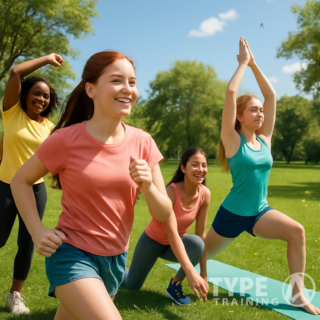 A group of teenage girls exercising outdoors in a park, running, stretching, and doing yoga on grass under a clear sky.