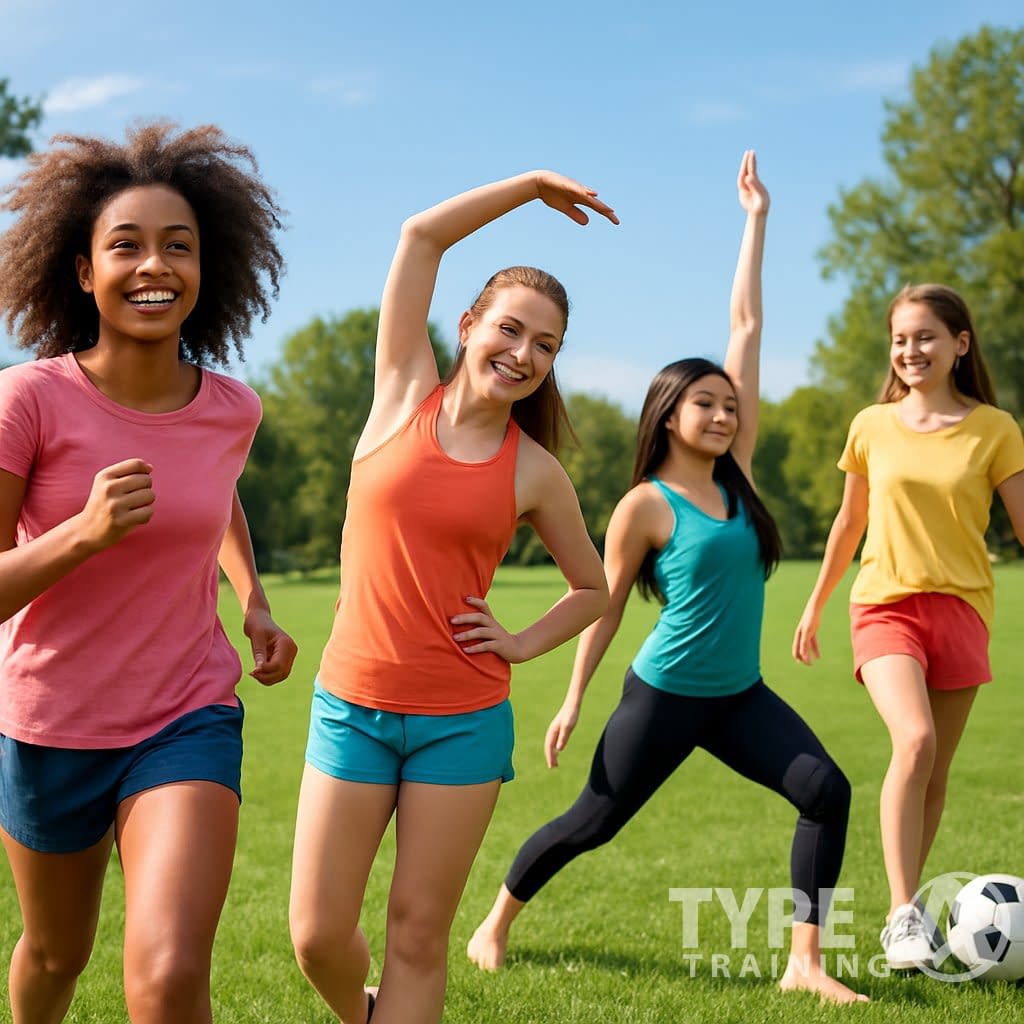 A group of teenage girls exercising outdoors in a park, jogging, stretching, doing yoga, and playing soccer on a sunny day.