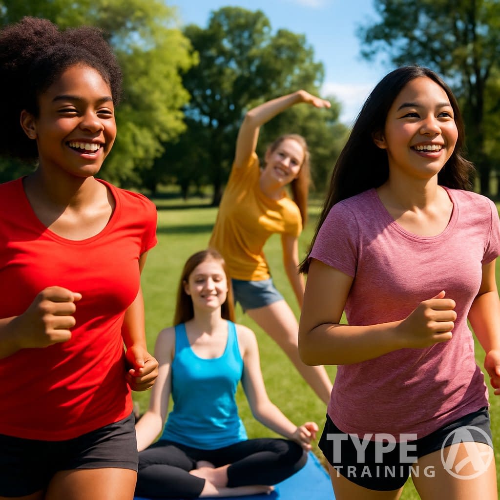 A group of teenage girls exercising outdoors in a park, smiling and stretching under a sunny sky.
