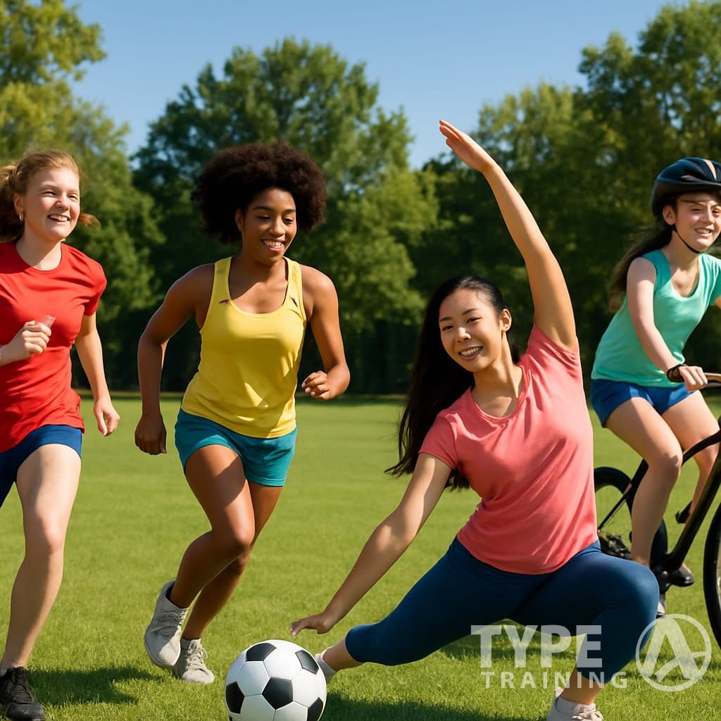 A group of teenage girls outdoors participating in running, soccer, yoga, and biking in a sunny park.