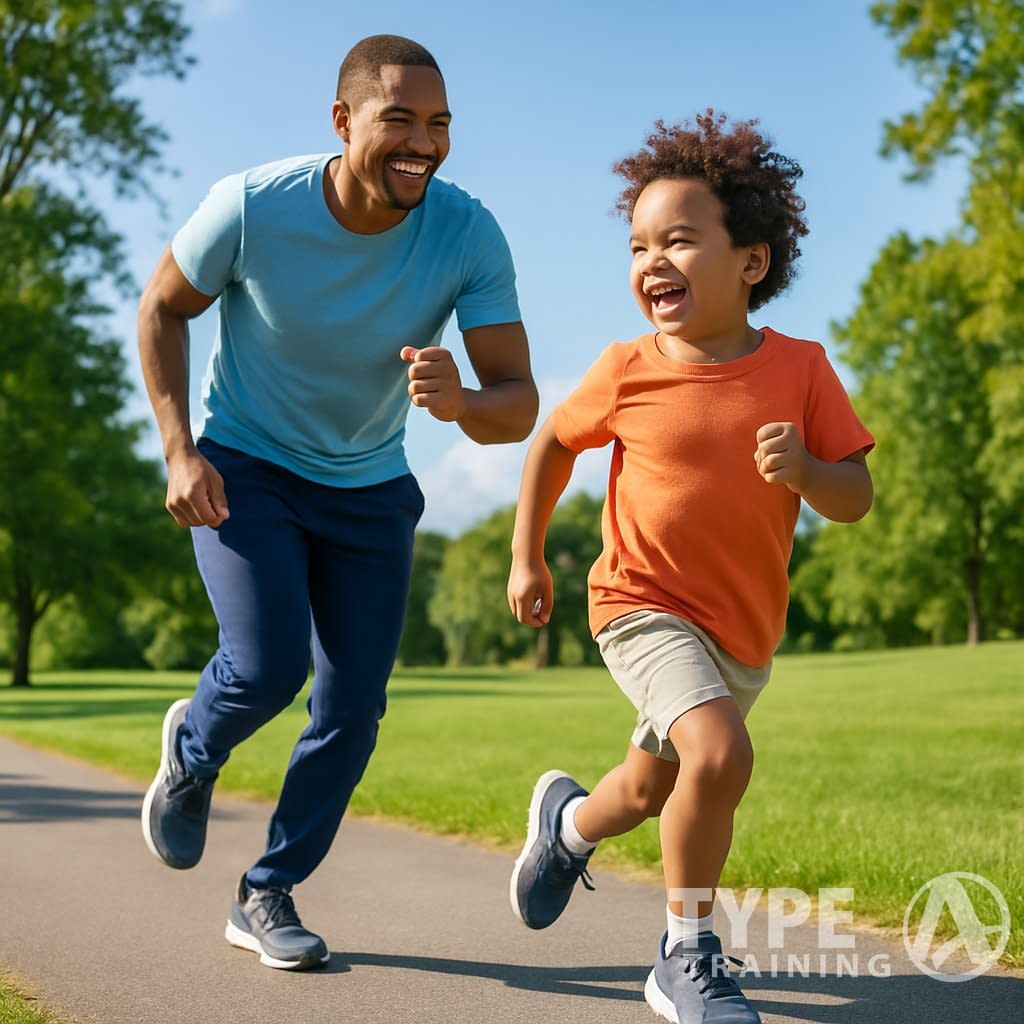 A parent and child running together on a sunny park path, smiling and enjoying exercise.