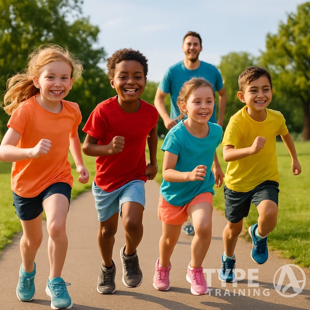 Children running outdoors in a park with a parent encouraging them, surrounded by green grass and trees on a sunny day.