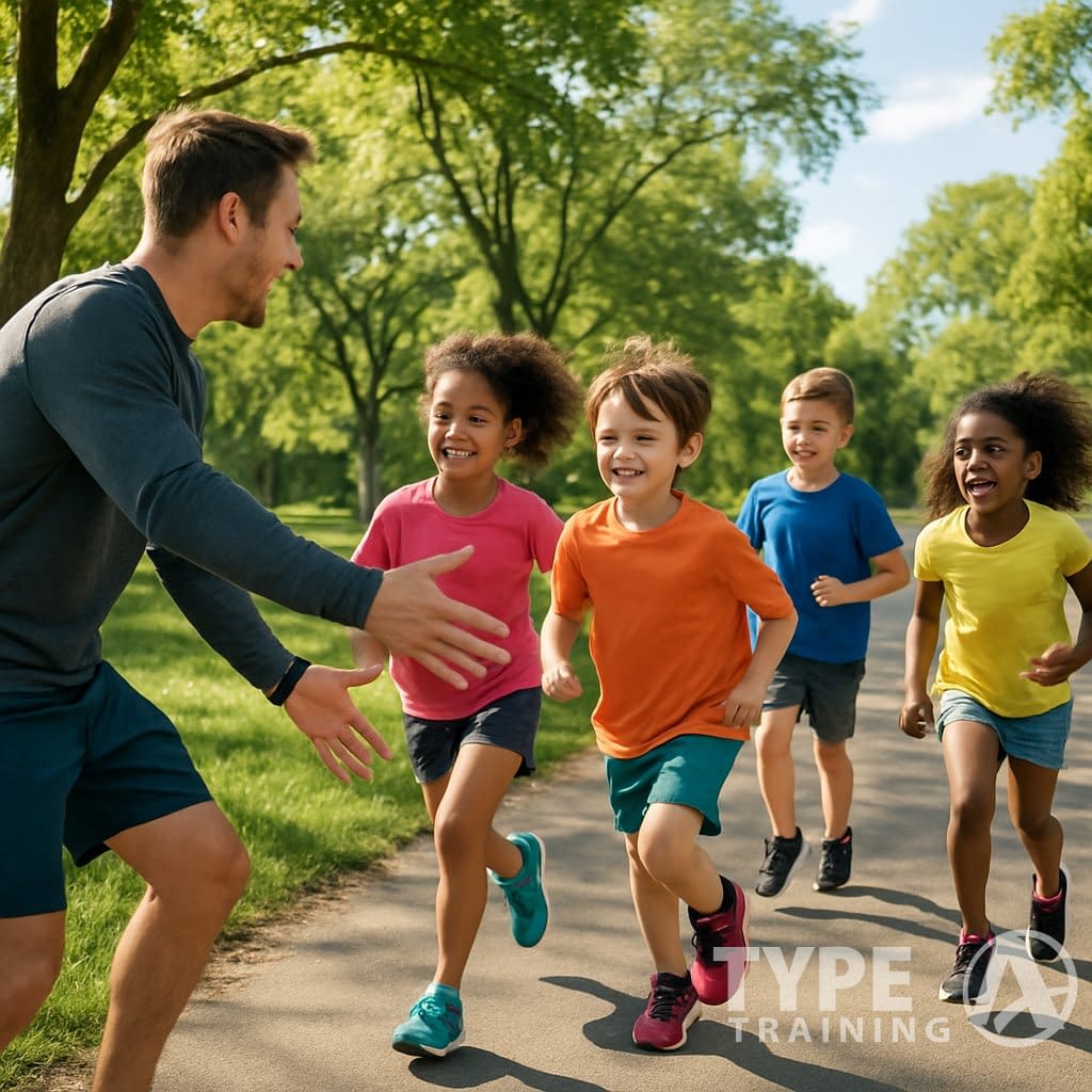 Children running along a park path with a parent encouraging them on a sunny day.