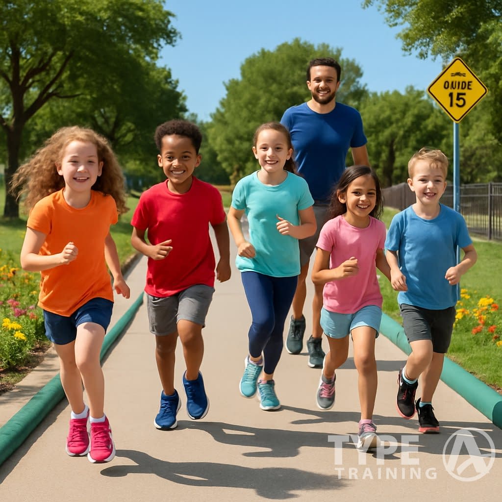 Children running on a park path with a parent walking beside them in a safe outdoor environment.