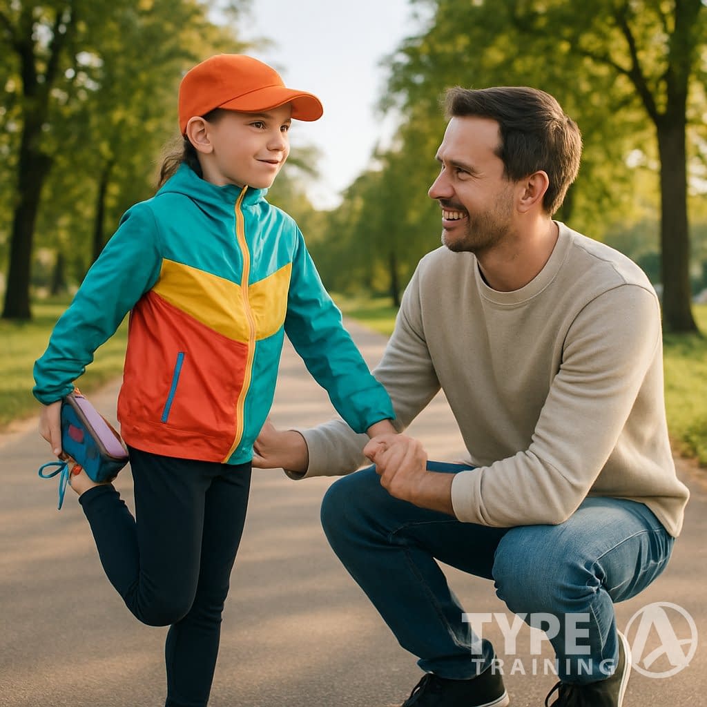 A young child stretching their legs on a running path with a parent helping in a sunny park setting.