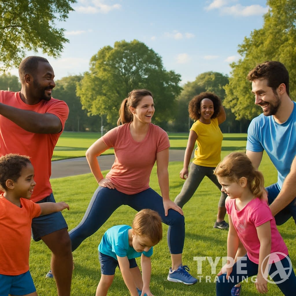 Parents and children stretching together outdoors in a park before running.