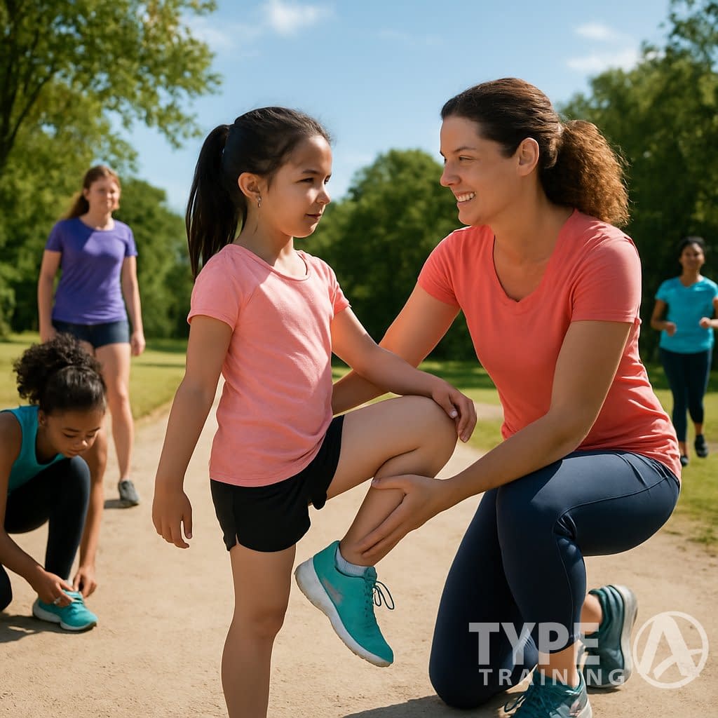 A group of girls and women stretching and warming up together outdoors before running.