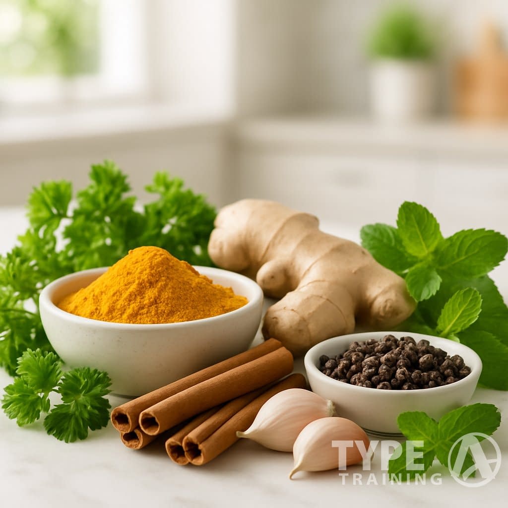 A kitchen countertop displaying fresh spices and herbs including turmeric, cinnamon sticks, ginger, garlic, black peppercorns, parsley, and mint.