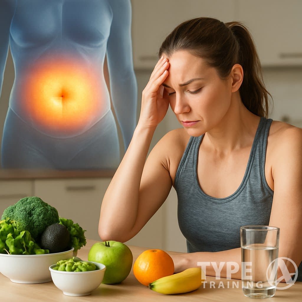 A woman in athletic wear sits at a kitchen table with healthy foods, holding her forehead in stress, with a subtle glowing highlight on her abdomen symbolizing fat accumulation.