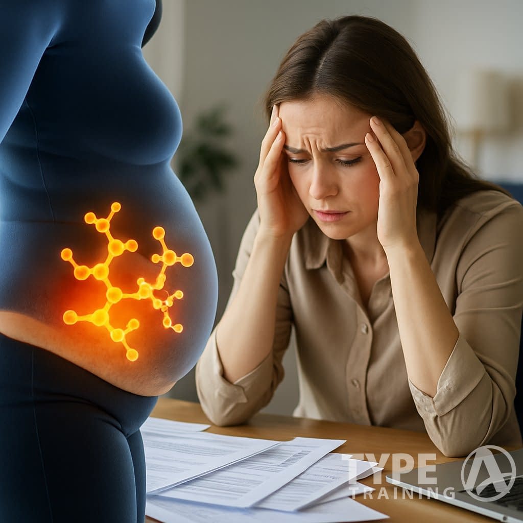 A stressed woman sitting at a cluttered desk holding her head, with an overlay showing abdominal fat and hormone molecules around her midsection.