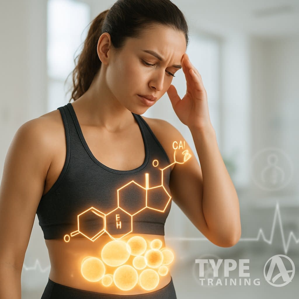 A fit woman in athletic wear looking thoughtfully at a digital illustration of cortisol hormone and fat cells around her abdomen in a modern wellness setting.