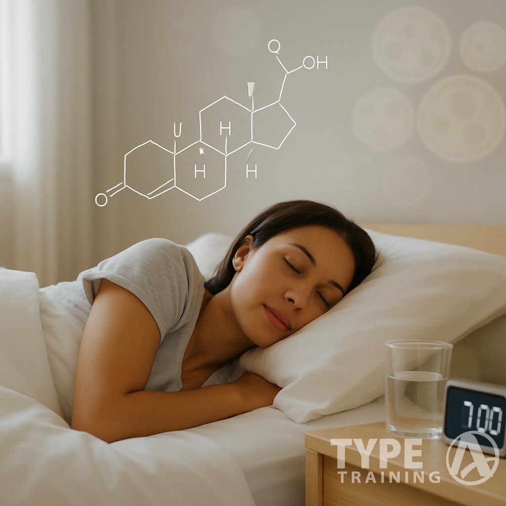 A person peacefully sleeping in a bedroom with soft natural light, with faint molecular and cellular illustrations representing stress hormones and body fat in the background.