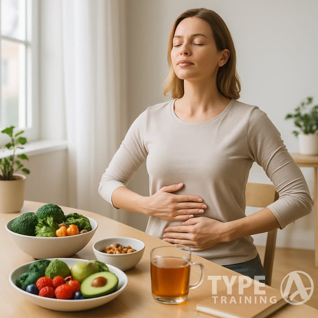 A person practicing mindful breathing in a bright kitchen with fresh fruits and vegetables on the table.