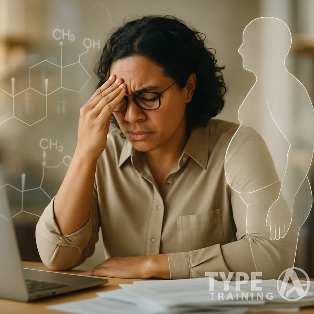 A stressed adult sitting at a cluttered desk, rubbing their forehead with a worried expression, surrounded by subtle visual elements representing stress and abdominal fat.
