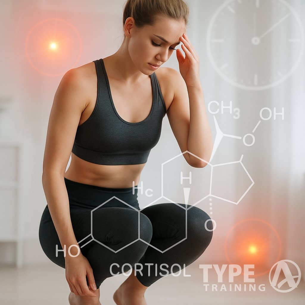 A woman standing on a digital scale looking concerned, with visual elements representing stress and hormones around her.