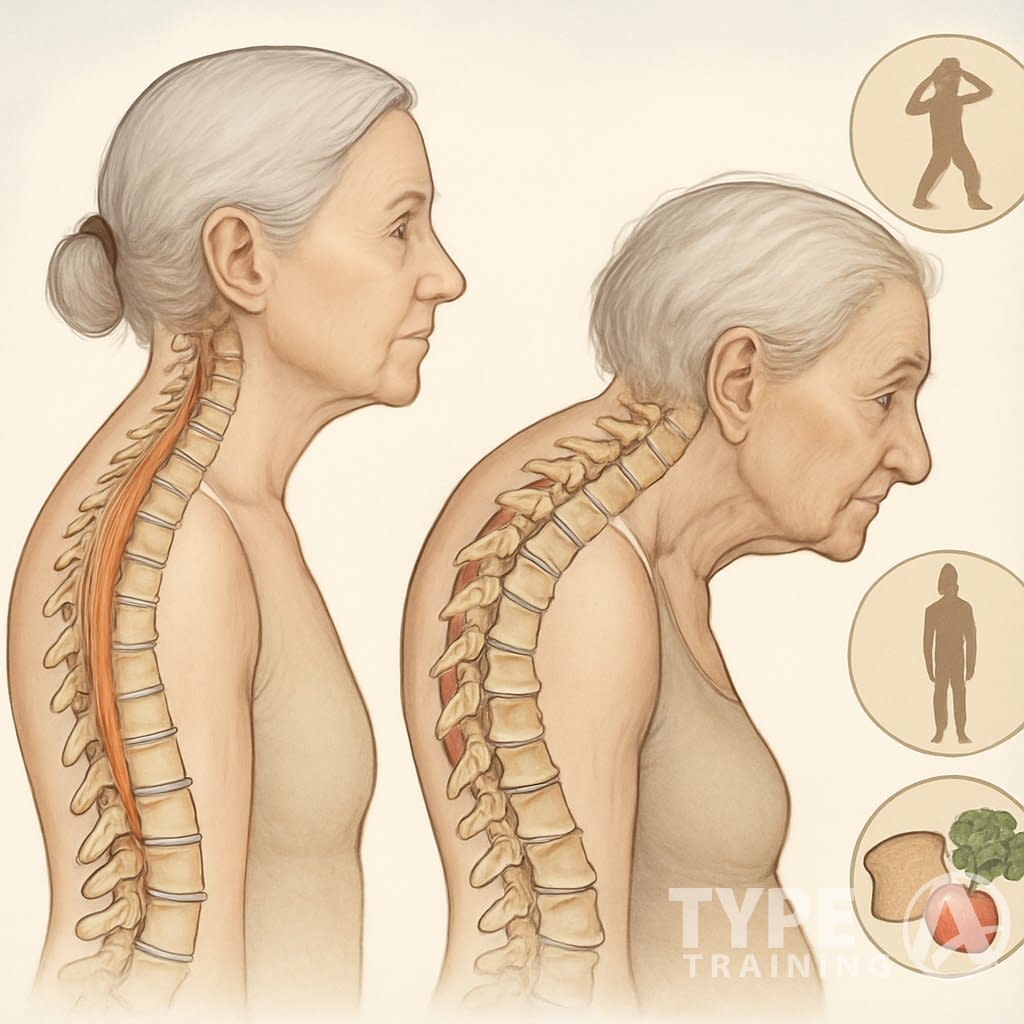 Side-by-side views of an elderly person's spine showing a normal straight posture and a curved back, with illustrations of spine anatomy and icons representing exercise, good posture, and nutrition.