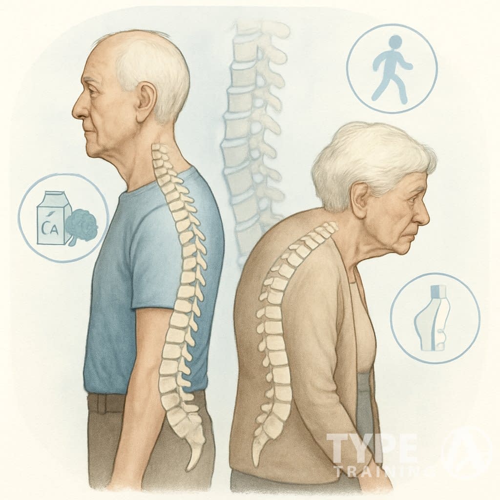 Side-by-side illustration of two elderly people, one with a straight back and one with a curved back, showing differences in spinal posture and health.
