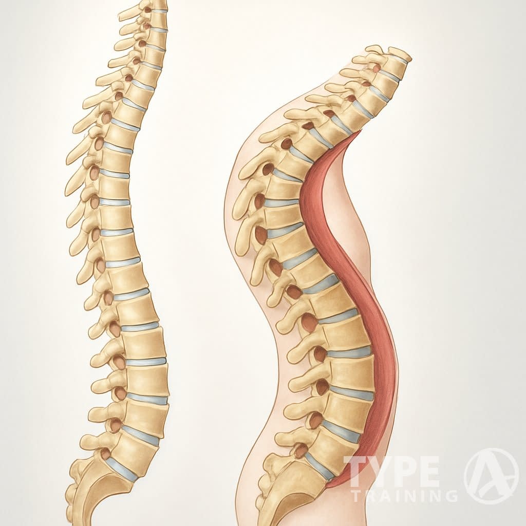 Side view illustration of a human spine showing normal and curved sections to explain different types of kyphosis.