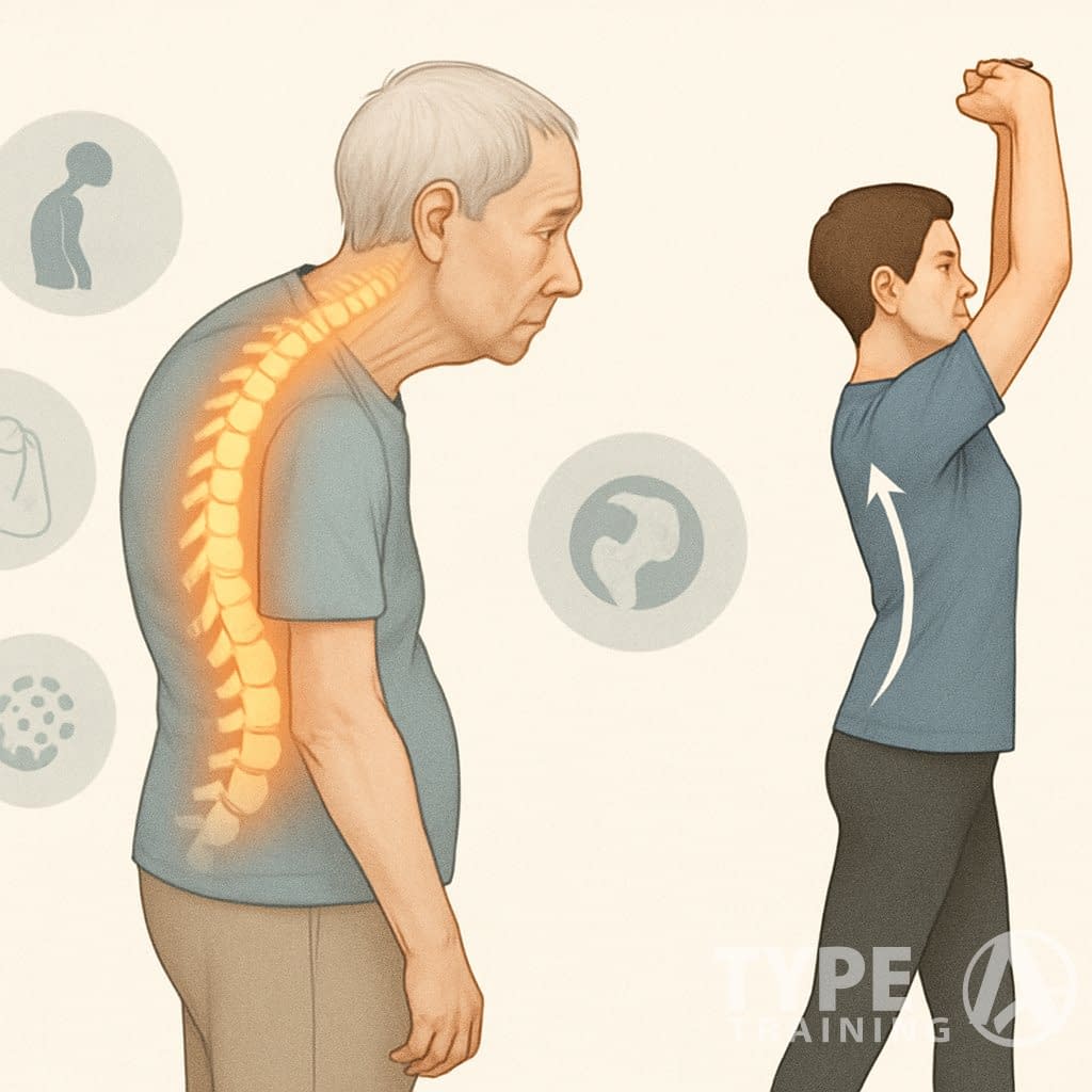 An elderly person with a curved back is shown alongside a younger person doing exercises to improve posture and spinal health.