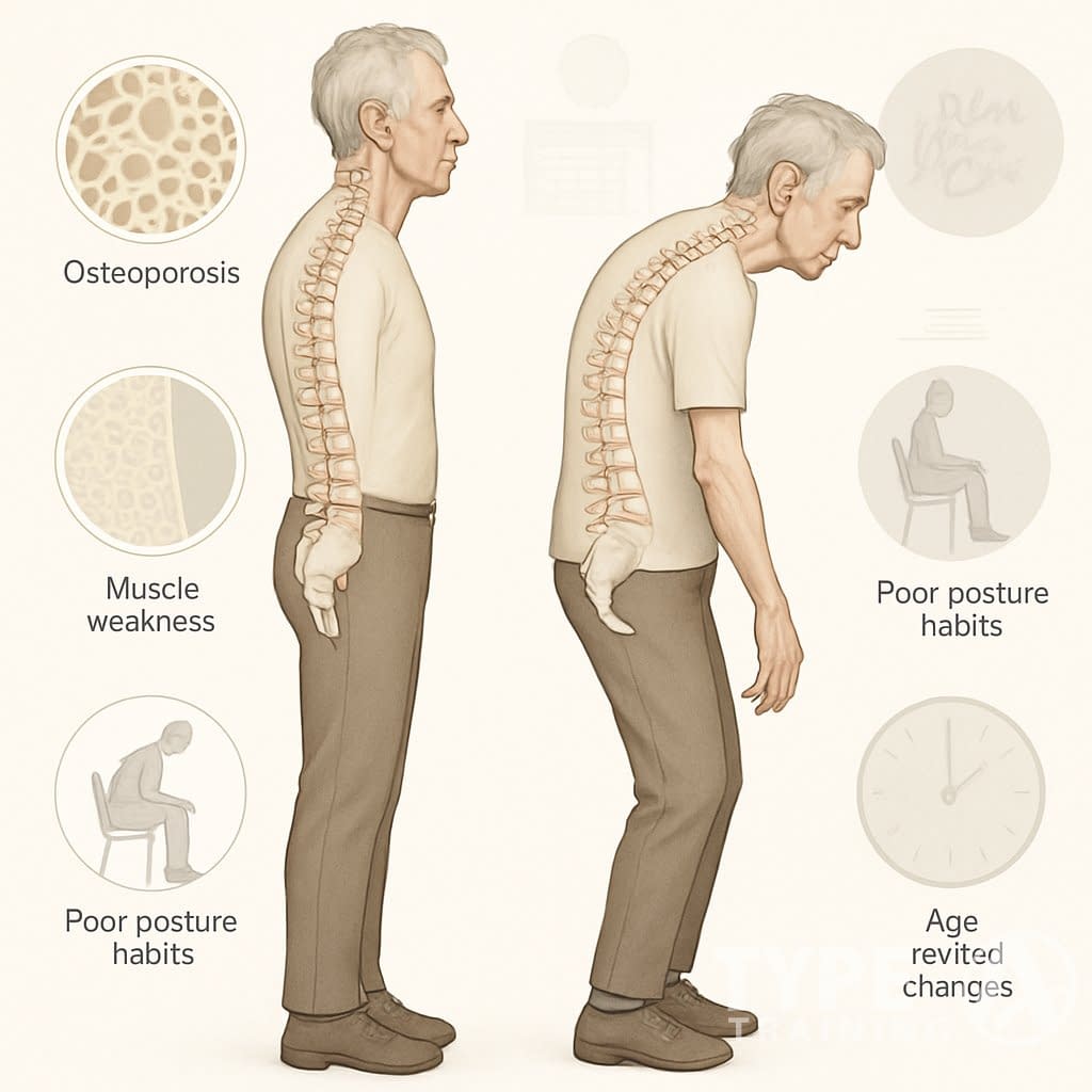 Side-by-side illustration of an older adult with good posture and a curved back, showing the spine and visual elements representing risk factors like bone health and muscle weakness.