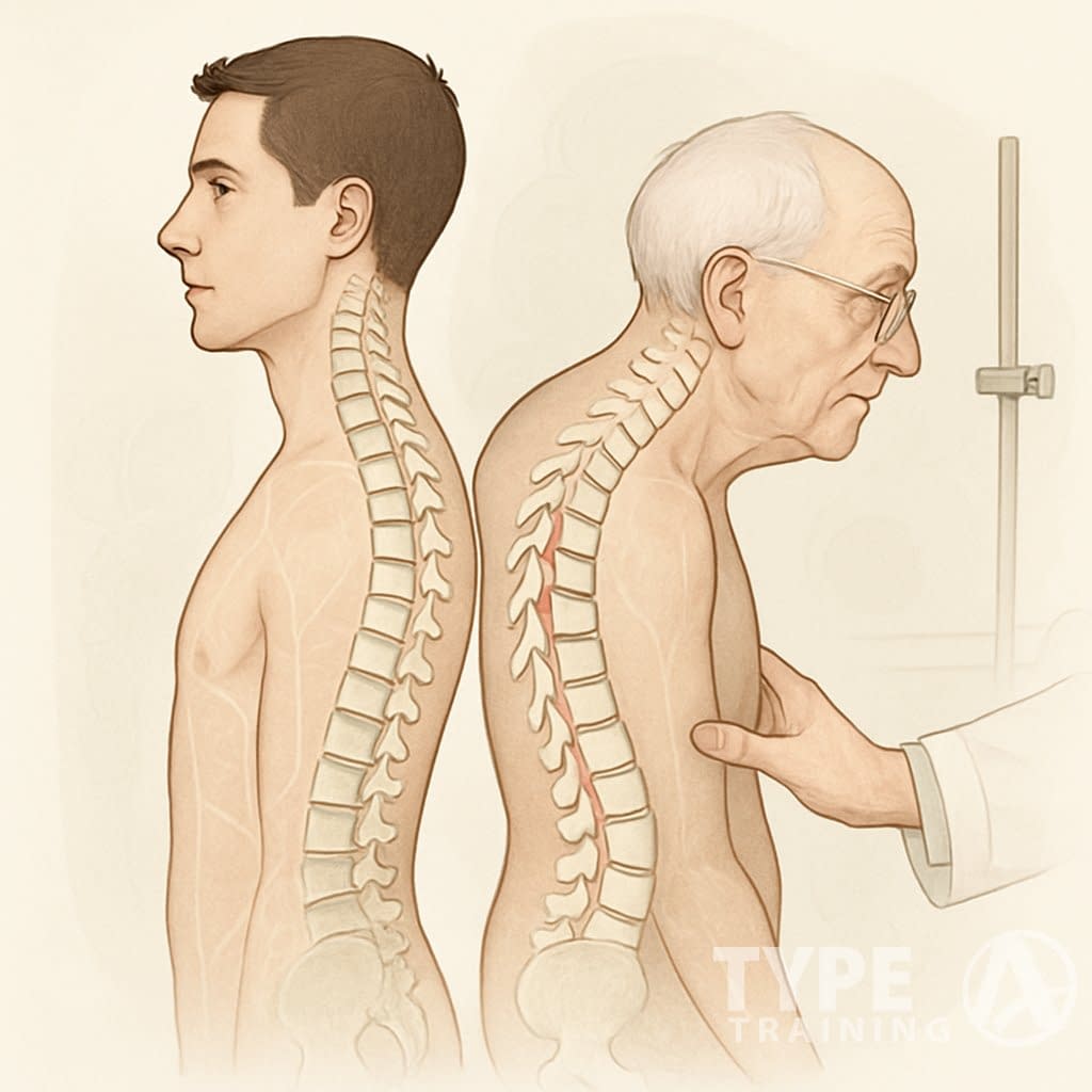 Side view illustration of a younger and an older person showing differences in spine curvature, with a doctor examining the older person's back.