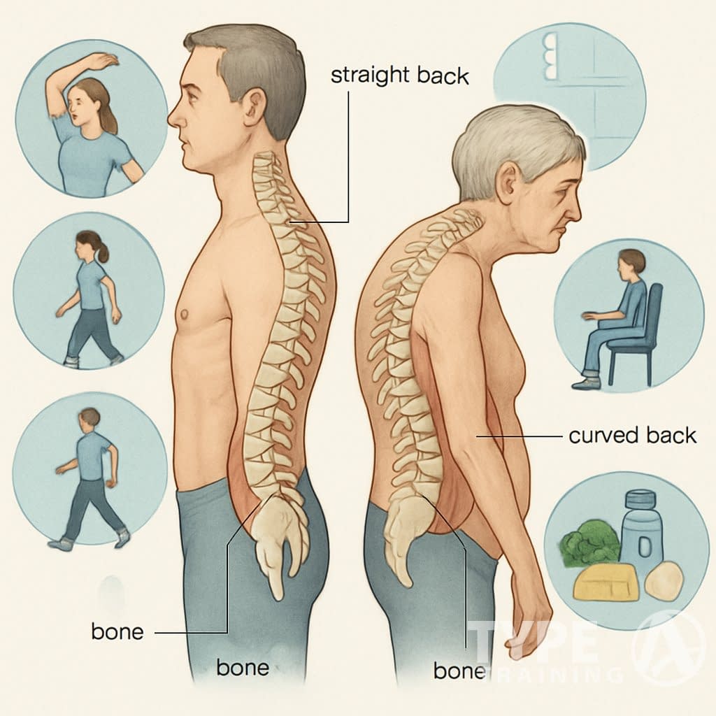 Side-by-side illustration of a person with a healthy straight spine and a person with a curved upper back, surrounded by images of exercises and healthy lifestyle elements to prevent spinal curvature.