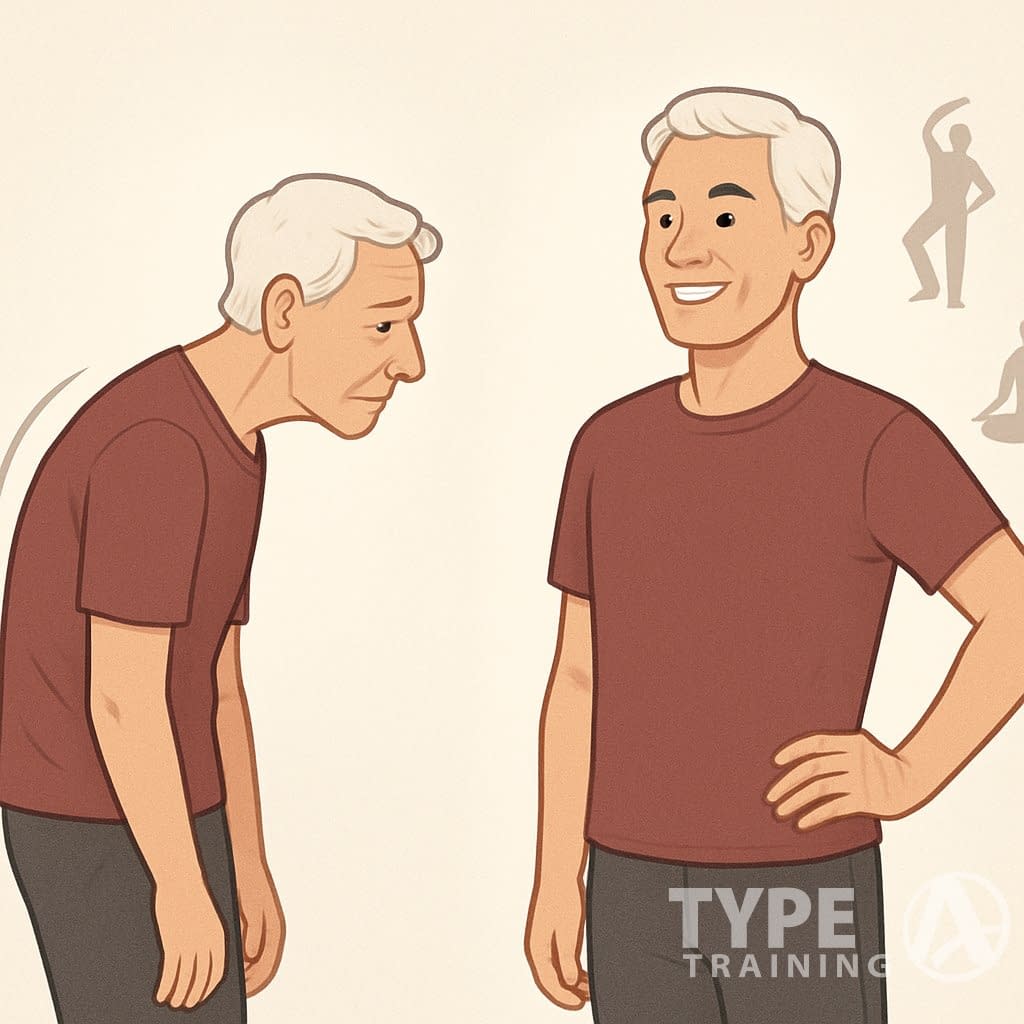 Two side-by-side images of an older person, one with a curved back and hunched posture, and the other standing upright with a straight back, surrounded by icons representing physical activities.