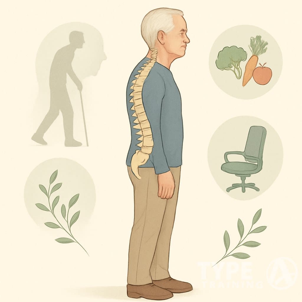 An older adult standing with a straight spine next to a faded silhouette showing a curved spine, surrounded by symbols of exercise, healthy eating, and good posture.