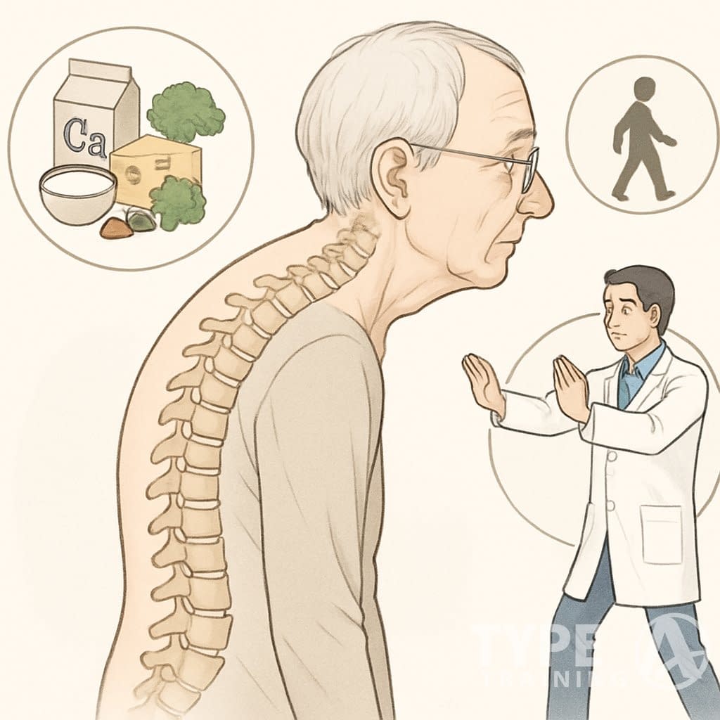 Side view illustration of an elderly person with a curved spine, surrounded by icons of healthy foods, exercise, and a healthcare professional demonstrating posture exercises.