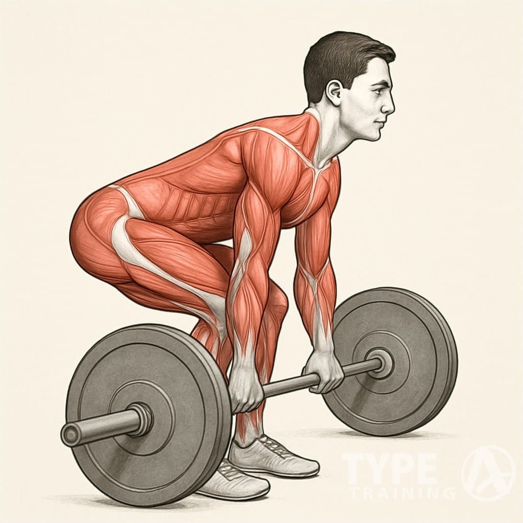 A person performing a deadlift with proper form, showing straight back, bent knees, and holding a barbell close to their shins.