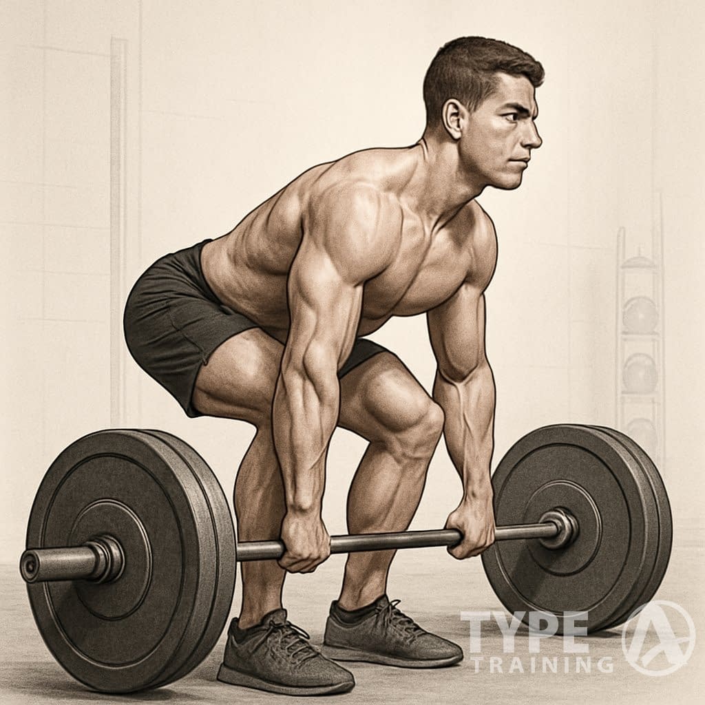 A man performing a deadlift with correct form, standing on a gym floor holding a barbell with a straight back and bent knees.