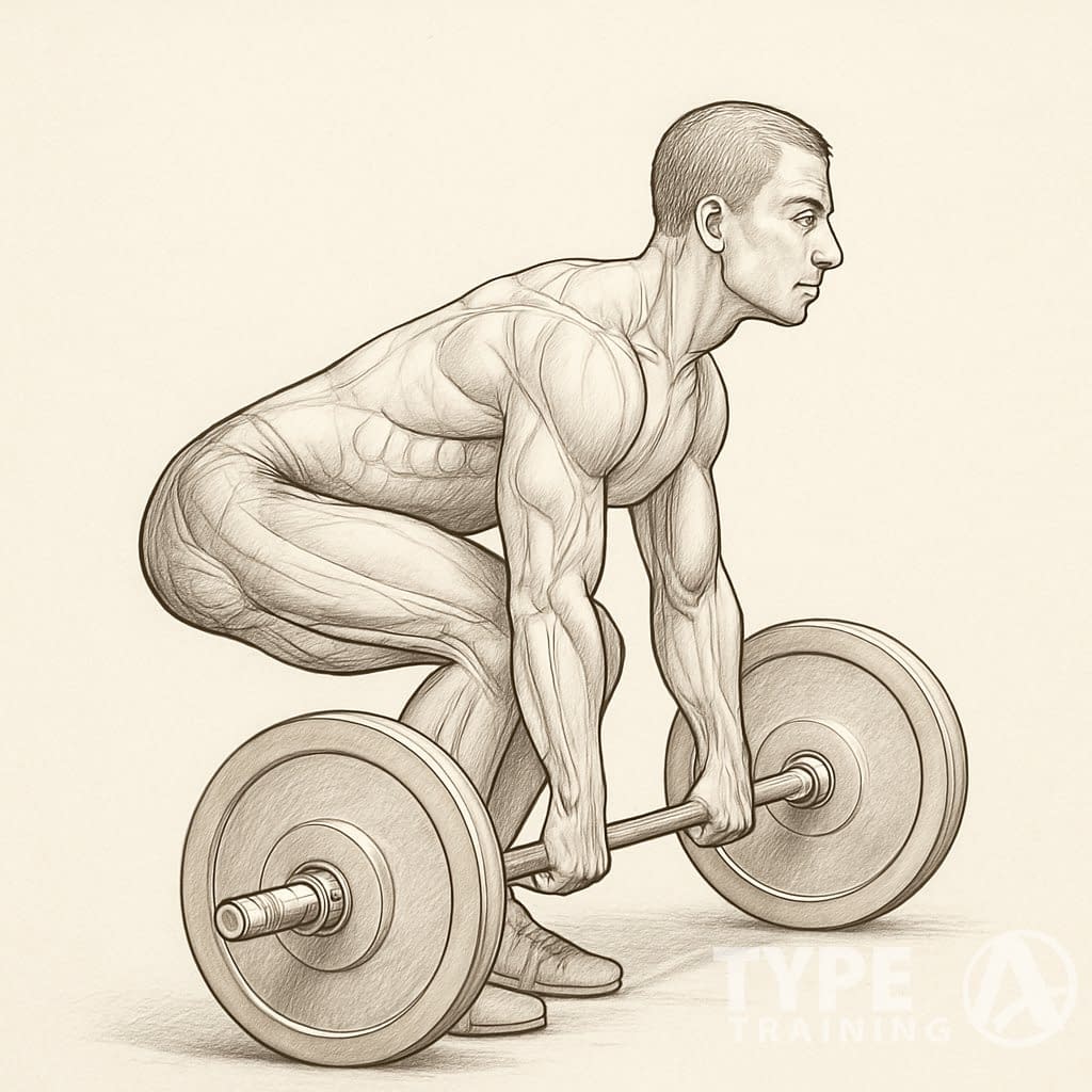 Side view of a person performing a deadlift with hips lower than shoulders, showing proper lifting posture.