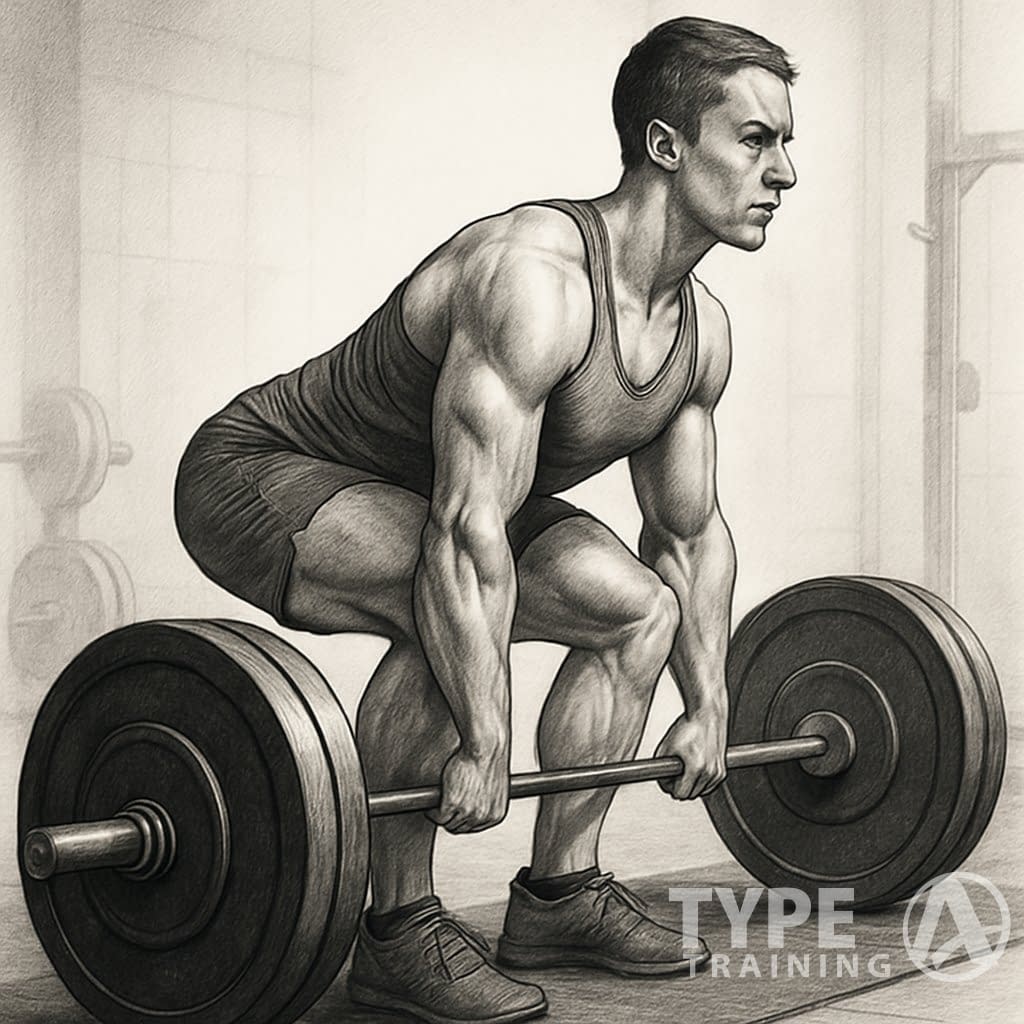 A person performing a mixed grip deadlift with one hand overhand and the other underhand, lifting a barbell in a gym.