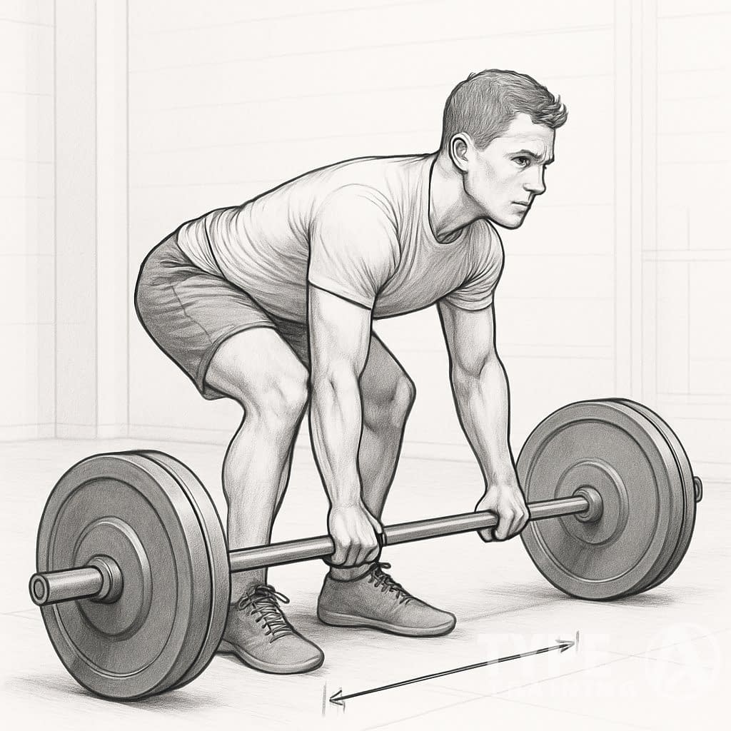 A man performing a deadlift starting too far away from the barbell in a gym.