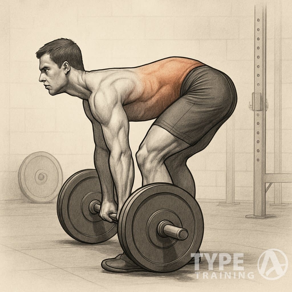 Side view of a person performing a deadlift with hips higher than shoulders, holding a barbell on the floor in a gym.