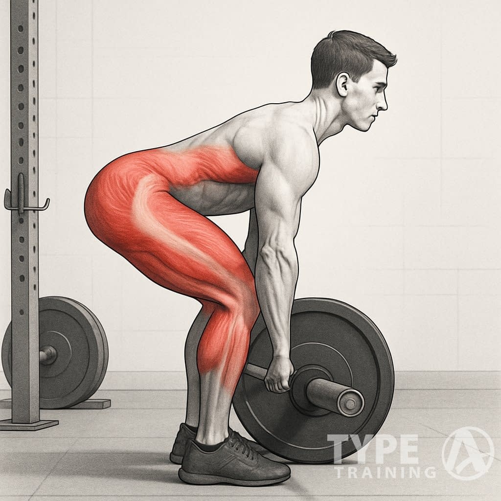 A person performing a deadlift with proper form, highlighting the engagement of the posterior chain muscles.
