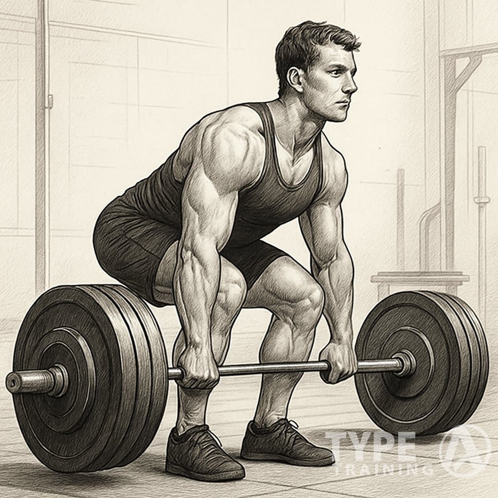 A person lifting a heavy barbell off the ground with proper deadlift form in a gym.