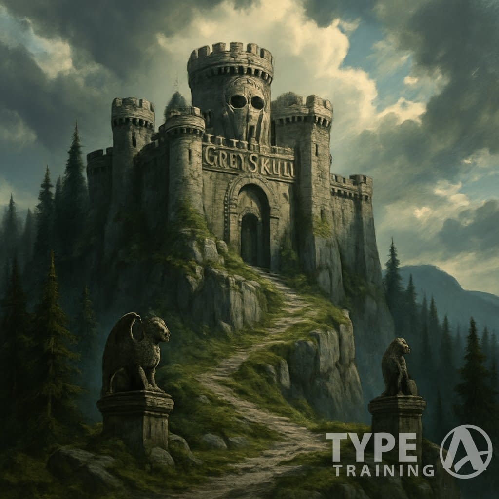 A large stone fortress on a mountain cliff surrounded by pine forests and a winding path leading to its entrance.