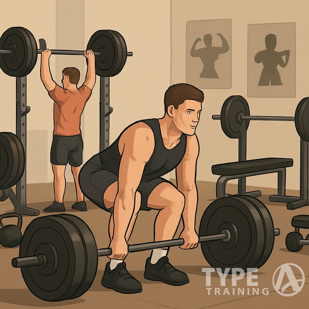 A gym scene showing people performing key weightlifting exercises with barbells and other gym equipment.