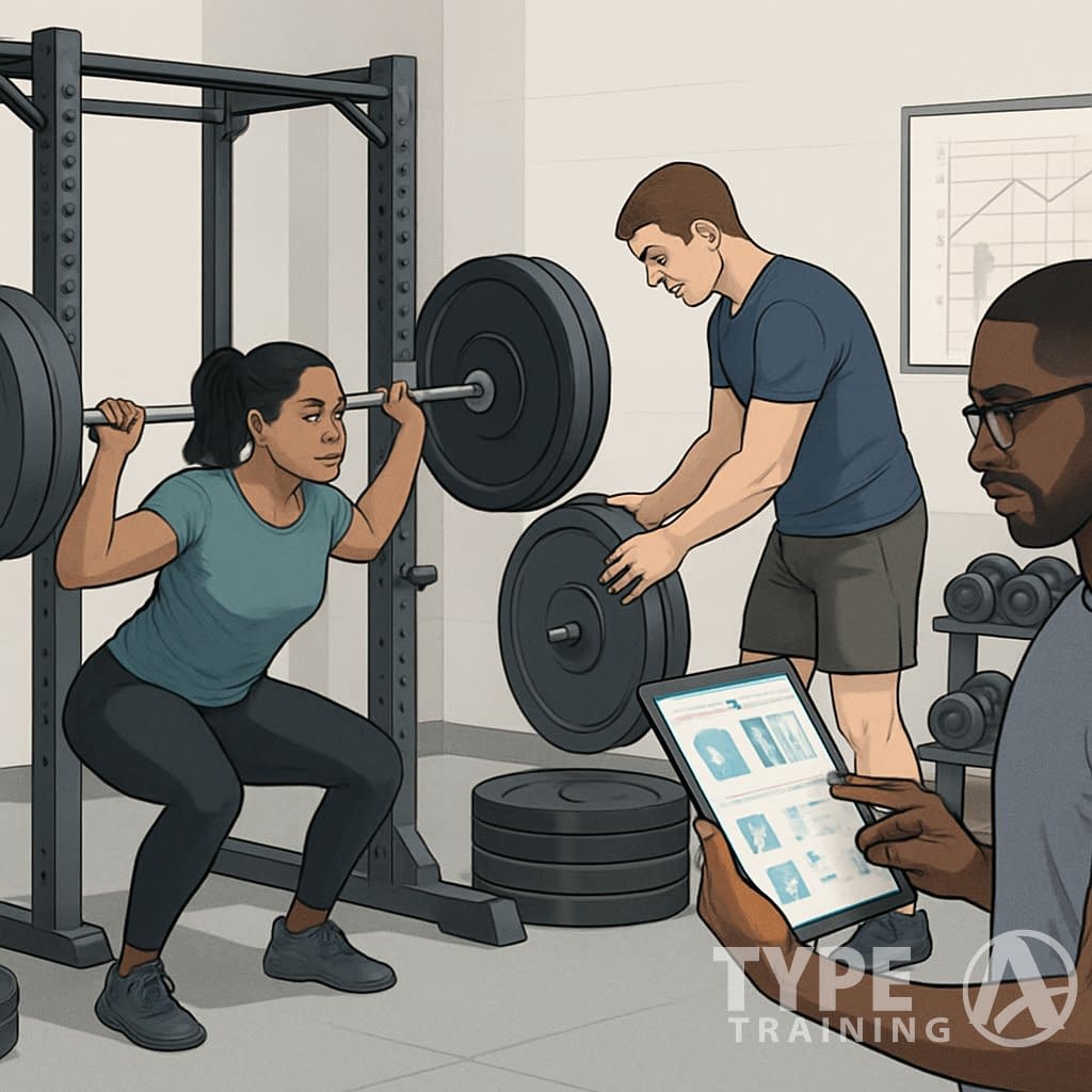 People working out in a gym, performing strength exercises and adjusting weights with personalized workout plans visible on a tablet.