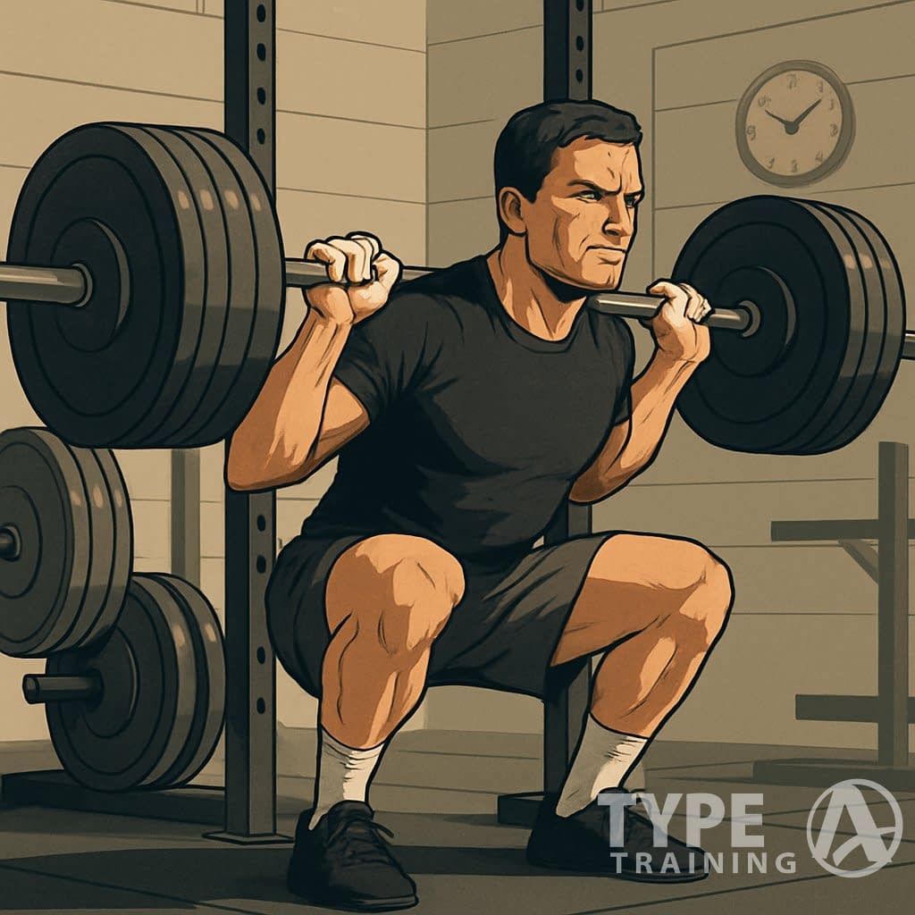 An athlete performing a heavy barbell squat in a gym surrounded by weightlifting equipment.