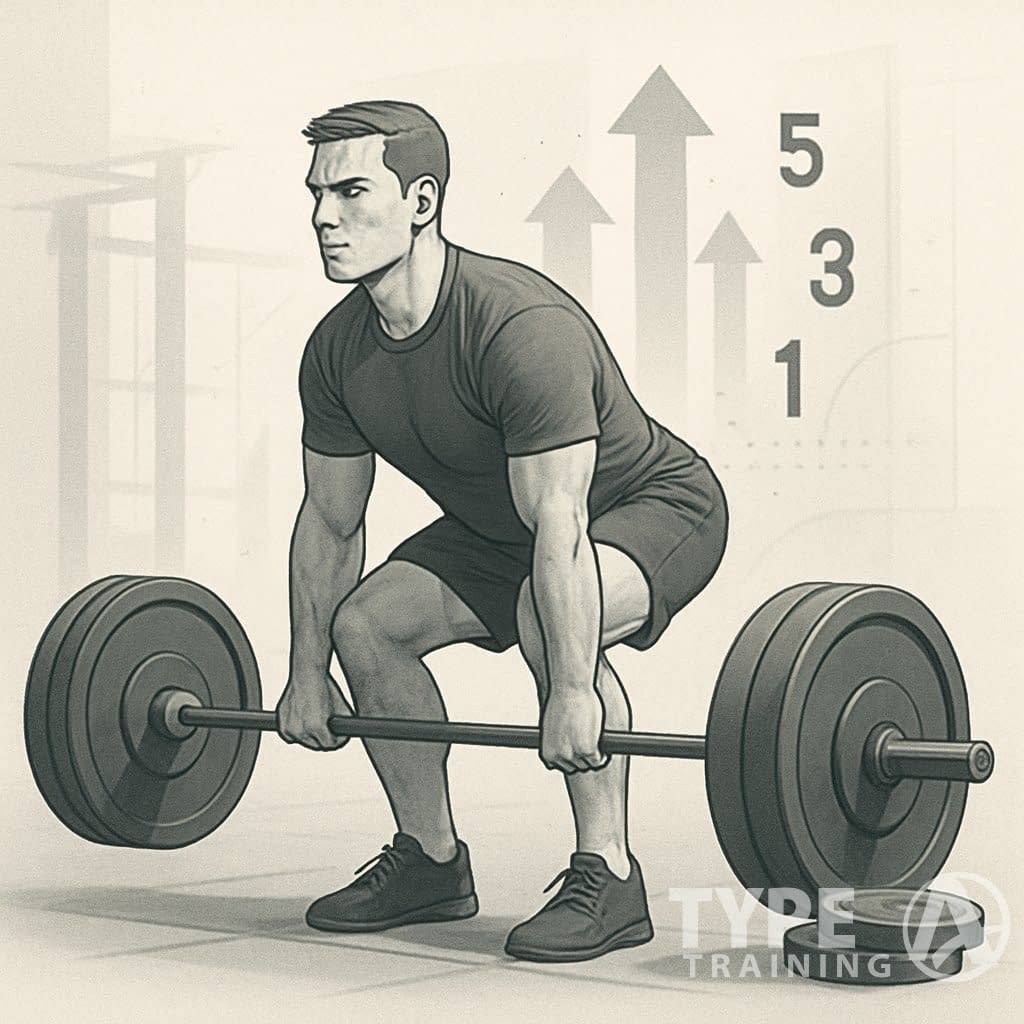 A male athlete performing a barbell deadlift in a gym surrounded by abstract symbols representing strength and progression.