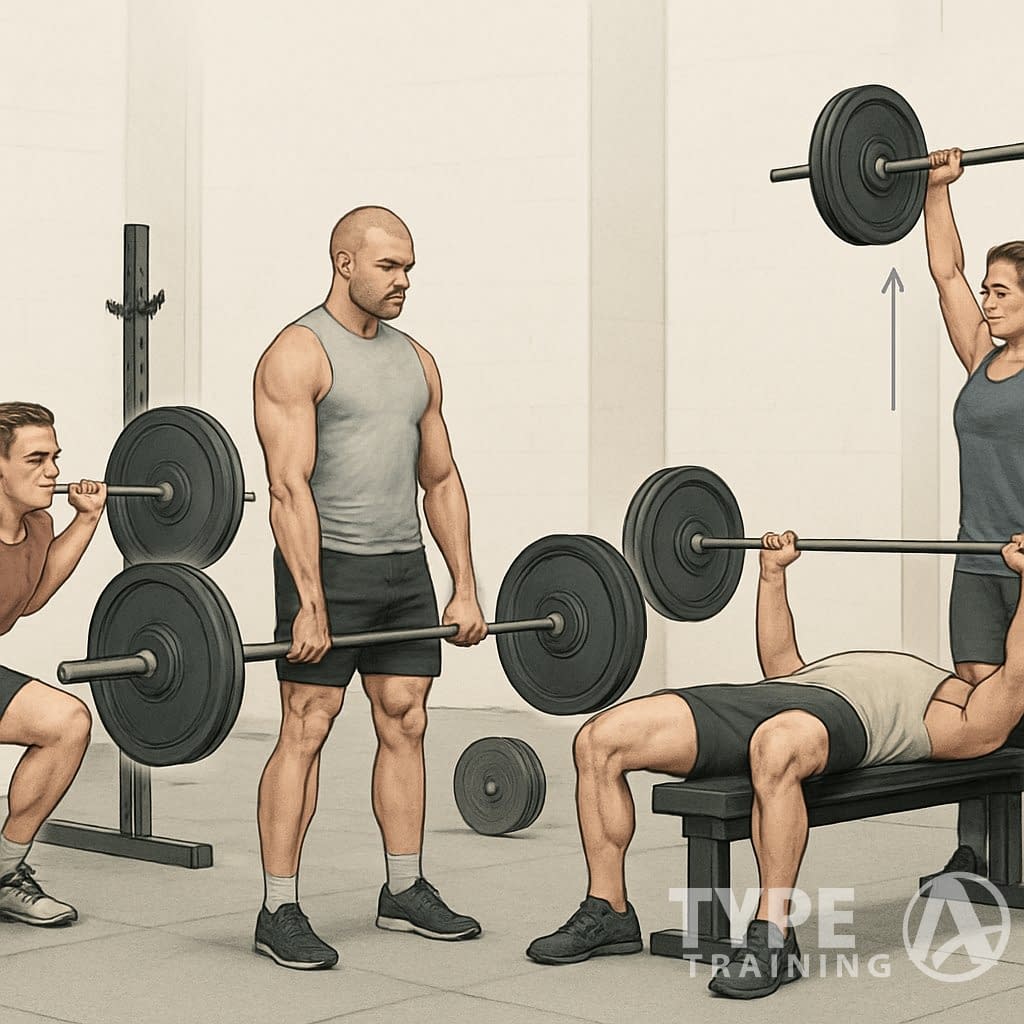 Four athletes performing the squat, deadlift, bench press, and overhead press in a gym setting, demonstrating proper lifting form.