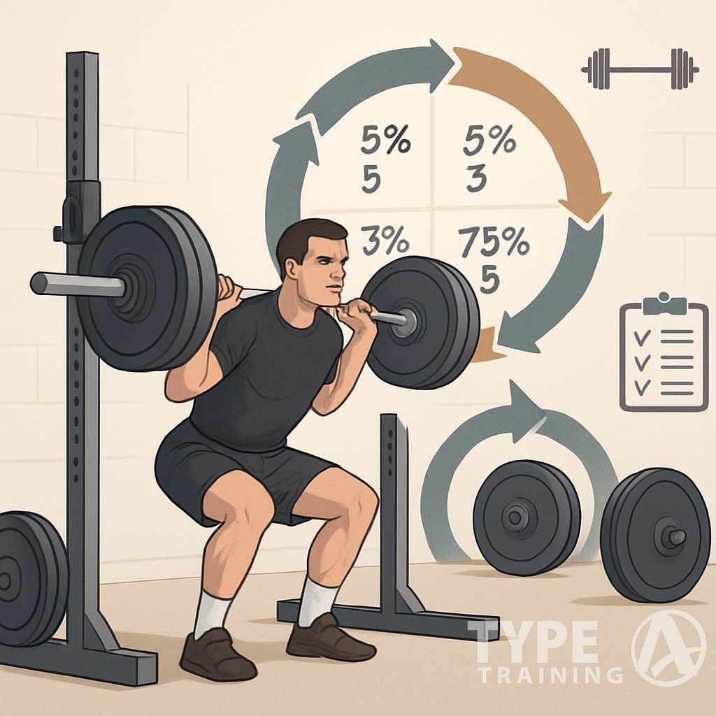 An athlete lifting a barbell in a gym with a nearby diagram showing a four-week strength training cycle.