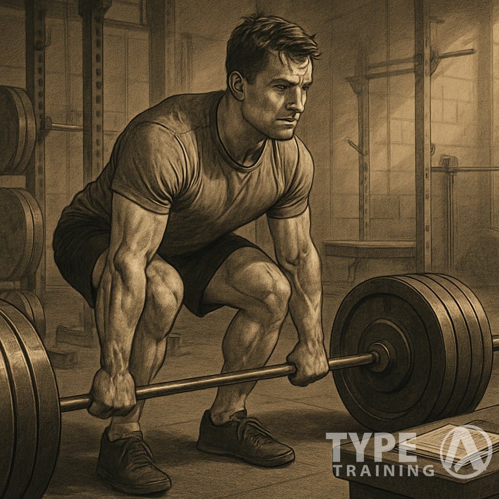 A muscular man performing a deadlift in a gym surrounded by weightlifting equipment and a workout journal on a bench.